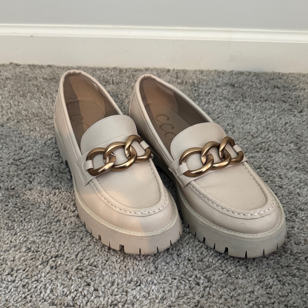 CCOCCI Cream Loafers with Gold Chain Detail